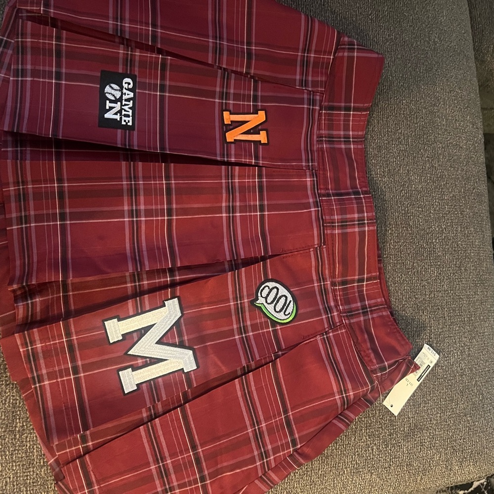 No Boundaries Red Plaid Pleated Mini Skirt with Patch Details